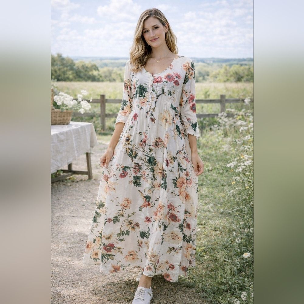 Devi Pleated Floral Maxi Dress Side Zip V Neck Lagenlook Cottage Summer Size L
